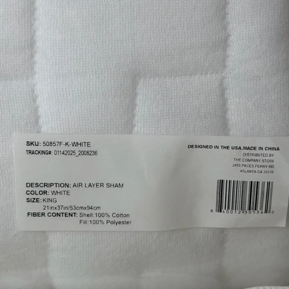 The Company Store Air Layer White Cotton King Sham Pair- Set of 2 NWT